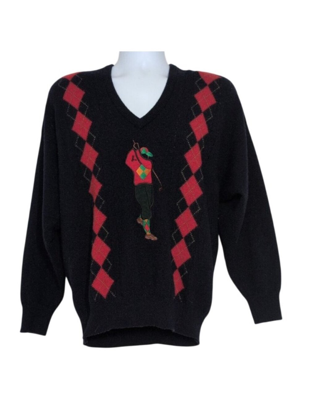 Jaeger Embroidered Golfer Sweater Mens Size Large Blue Argyle Lambswool Scottish